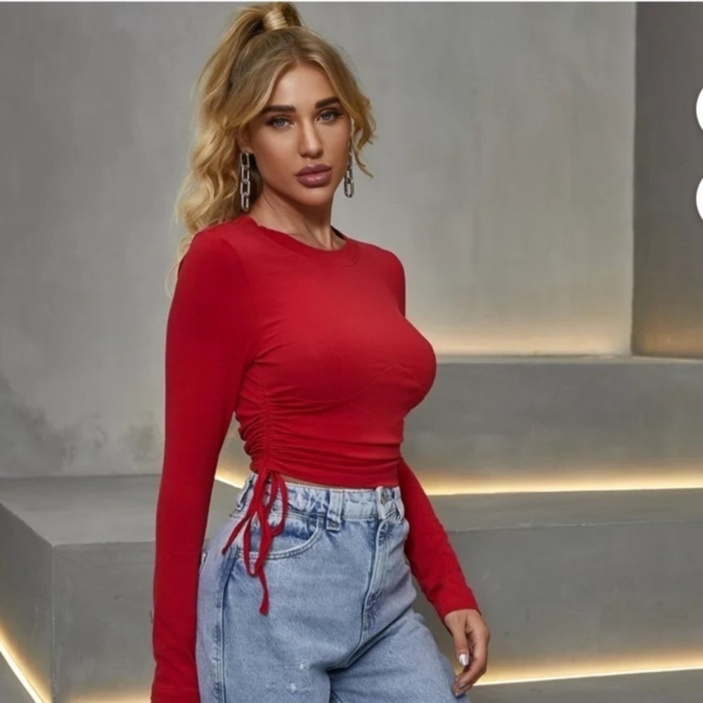 ZARA RED RUCHED RIBBED TOP - Picture 3 of 13